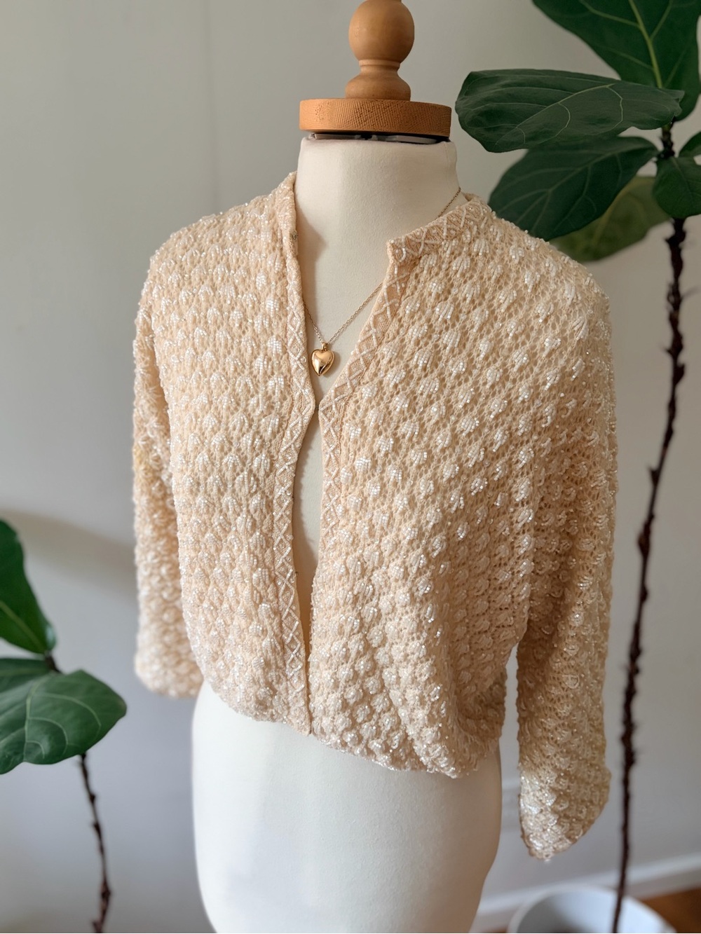 VTG 50s Marshall Field & Co Beaded Cardigan Cream Hong Kong Ivory M